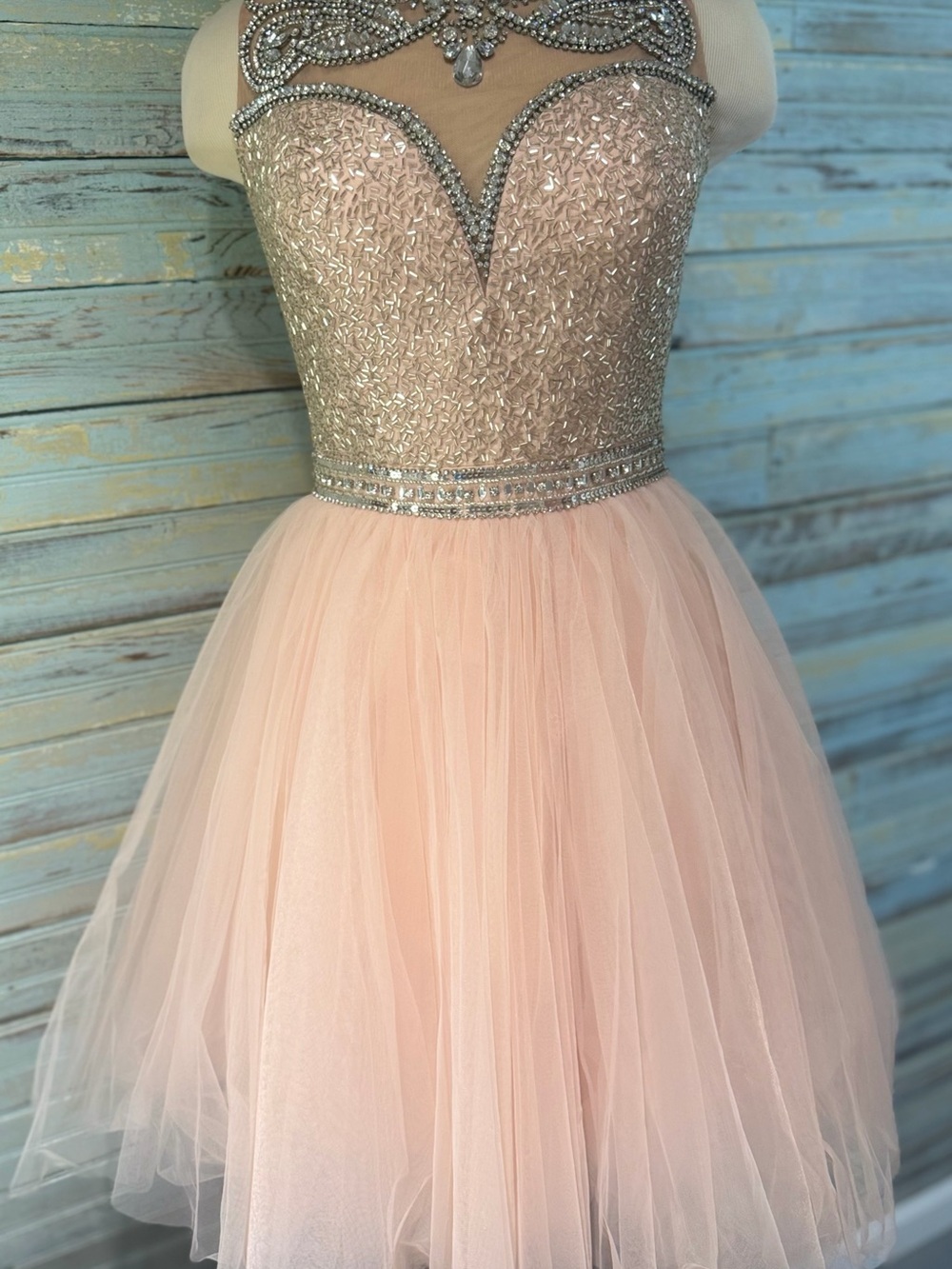 Sherri Hill Blush Pink Embellished Tulle Skater Dress
